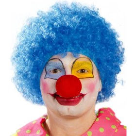 Resim Kuzgun Ticaret Mavi Renk Kıvırcık Afro Bonus Peruk Takma Saç ve Kırmızı Burun Seti 