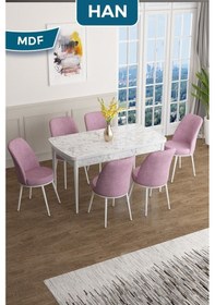Resim Canisa Han Serisi, 70x114 Açılabilir Mdf Masa Takımı, Beyaz Mermer Desen Masa Ve 6 Pembe Sandalye Masa Beyaz Mermer Desen Sandalye Pembe 