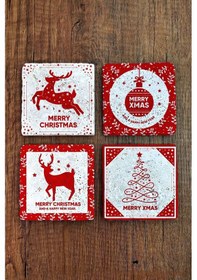 Resim Doğal Taş Bardak Altlığı 4'lü Set 10x10x1 Cm Yeni Yıl, Yılbaşı, Merry Christimas-stone Coasters Çok Renkli 
