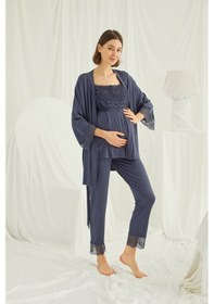 Resim Monamise Kadın Dantelli Önü Düğmeli Hamile Lohusa 3'lü Sabahlık Takımı 18211 