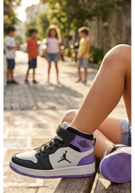 Resim In Step Eveji Mor Beyaz Çocuk Basketbol Ayakkabısı - Yüksek Bilekli Cırt Cırtlı Sneaker Mor-beyaz 
