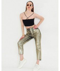 Resim Kutsa Gold Varaklı Paçası Kesik Trend Jean Pantolon Taba 