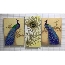 Resim Tavus Kuşu Ve Tüy Altın Simli Kanvas Tablo Seti 