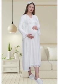 Resim Mecit Pijama Mecit 1518 Ekru Sabahlıklı Lohusa Gecelik Takım 
