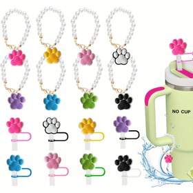 Resim 2 adet, Sevimli Pipet Kılıfı ve Stanley Şansları - Sahte İnci Köpek Ayak Şans Aksesuarları Stanley Kupası ve Saplı Basit Modern Bardak İçin, İçme Pipetleri İçin Silikon Pipet Ucu Kapakları (Kupa Yok) 