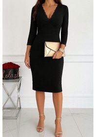 Resim Kadın Fakir Kollu V Yakalı Dantel Detaylı Midi Janjan Krep Elbise Siyah 