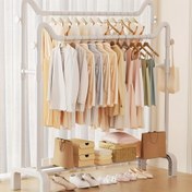 Resim 1 adet Büyük Kapasiteli Bağımsız Çift Çubuklu Giysi Rafı, Çok Fonksiyonlu Metal ve Plastik Duran Giysi Askısı ile Ayakkabı Depolama, Yatak Odası, Balkon ve Banyo Düzenleme için Kolay Montaj, Bağımsız Giysi Rafı | Çok Fonksiyonlu Raf | Metal ve Plastik Yapı, Giysi Askıları 