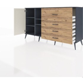 Resim Hyperion Konsol 4 Raflı 4 Çekmeceli Tek Kapaklı 176x44x99 Antras Antrasit-aytaşı/çam 