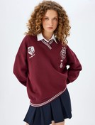 Resim V Yaka Kolej Baskılı Şardonlu Oversize Sweatshirt 