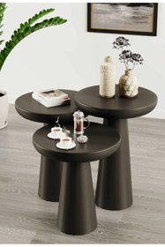 Resim Simillo Home&Living Wood Ahşap Siyah Renk Konik Model 3 lü Set Mantar Yan Sehpa Fiskos Çiçeklik Decorative 