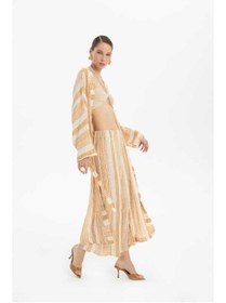 Resim İpekçi Otantik Çizgili Etamin Dokulu Kimono Hardal 