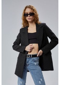 Resim Siyah Regular Dokuma Astarlı Taş Detaylı Blazer Ceket Siyah 