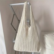 Resim Şık Kadın Büyük Kapasiteli Omuz Çantası - Katlanabilir Dokuma Ağ Tote, Bej Polyester, Seyahat ve Günlük Kullanım İçin Kapanmayan Tasarım, Günlük Tote|Rahat Tarz|Hafif Çanta, Plaj Tote Çantası 