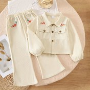 Resim Kızlar için Sonbahar ve Kış iki parça takım, kadife kumaşlı moda işlenmiş uzun kollu yaka ceket + flarlı pantolon 2 parça, dış mekan günlük küçük kızlar için uygun uzun pantolon kıyafeti, dış mekan için mükemmel 