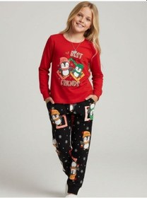 Resim Kız Çocuk Pamuklu Best Friends Penguen Baskılı Pijama Takımı-16822 Kırmızı 