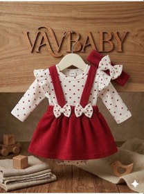 Resim Kız Bebek Kırmızı Raporlu Jile Etek Ve Kalp Desenli Zıbın Body Takım Çok Renkli 