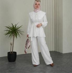 Resim Neşeli Butik kadın beyaz geniş kesim yaka detaylı kuşaklı ikili tesettür takım NBVQ3148 