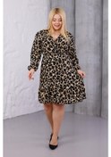Resim Kadın Kahve Leopar Desen Kruvaze Yaka Esnek Bel Büyük Beden Elbise Kahverengi 