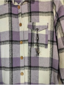 Resim Sublime Butik Kadın Mor Beyaz Ekose Extra Uzun Oduncu Ferace Gömlek Kap 