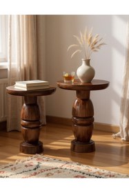 Resim AYLESA Doğal Ahşap 2’li Set Mantar Yan Sehpa Modern Fiskos Zigon Çiçeklik 