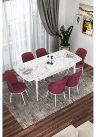 Resim Canisa Concept Kor Serisi 70x114 Açılabilir Mutfak Masası Takımı Beyaz Mermer Desen Masa 6 Bordo Sandalye Masa Beyaz Mermer Desen Sandalyeler Bordo 
