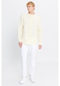 Resim Erkek Sarı Tailored Slim Fit Dar Kesim Düğmeli Yaka Gofre Desenli Gömlek Sarı 