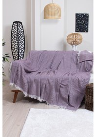 Resim Pamuklu Zikzak Desenli Püsküllü Koltuk Örtüsü 170x210 Cm Dekoratif Ve Çok Amaçlı Bordo 