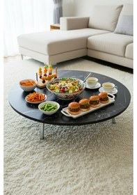 Resim Siyah Mermer Desenli Metal Katlanır Ayaklı Kamp Bahçe Ev İçin Yuvarlak Yer Sofrası Siyah 