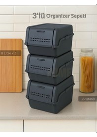 Resim 3'lü Set Organizer Erzak Kutusu Bpa Free Saklama Kutusu Soğanlık Sebzelik Sepet Antrasit 8 Lt X 3 Antrasit 