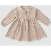 Resim Brodeli Organik Pamuk Müslin Büzgülü Bebek Elbisesi Bej 