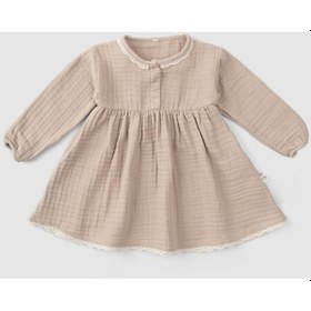 Resim Brodeli Organik Pamuk Müslin Büzgülü Bebek Elbisesi Bej 