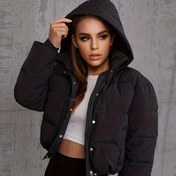 Resim Kapüşonlu Fermuarlı Düğmeli Kaban, Kış için Uzun Kollu Kırpılmış Sıcak Kaban, Kadın Giyim 