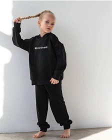 Resim Lolliboomkids Erkek Çocuk Kız Çocuk Nakışlı Slogan Hashtag Oversize Alt Üst Takım Kapüşonlu 3 İplik Şardonlu Siyah Renk Siyah 