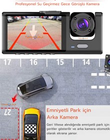 Resim 1080P Dash Cam Full Hd Araç Içi Kamera Ön Arka ve Iç Kayıt 3 Kamera Gece Görüşlü G Sensör Geniş Açı 