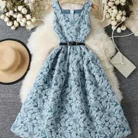 Resim Kadınlar İçin Şık Kare Yaka Kolsuz Çiçek Desenli A Kesim Bel Büzgülü Elbise - Hafif Polyester Vintage Tarzı İlkbahar Yaz Günlük ve Yarı Resmi Giyim, Sevimli Yaz Elbiseleri, Büküm Bel Tasarım, Kaliteli Kumaş İşçiliği 