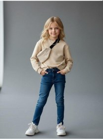 Resim Kız Çocuk Pamuklu Taşlı Sweatshirt-16747 KREM 