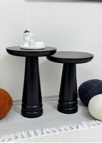 Resim AYLESA Doğal Ahşap 2’li Set Mantar Yan Sehpa Modern Siyah Renk Fiskos Zigon Çiçeklik 