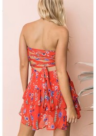 Resim Fashion Cocktail Sırt Korseli Ayarlanabilir Bağlamalı Çiçekli Bohem Kloş Etek Mini Şifon Elbise Kırmızı Kırmızı 