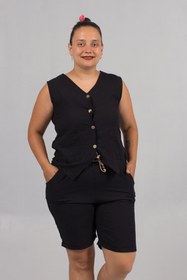 Resim Truva XXL Büyük Beden Keten Rahatlığıyla Şıklık! Siyah Şort Yelek Takım 