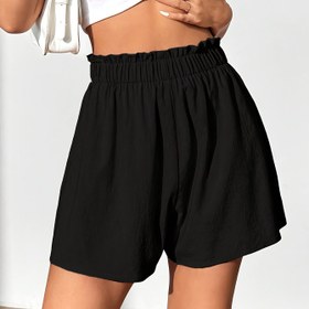 Resim Kadınlar İçin Polyester Yüksek Bel Rüflü Şort, Tek Renk, Bol Fit, Dokuma Kumaş, Tüm Mevsimler İçin 