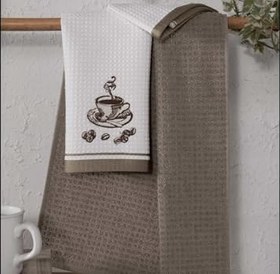 Resim Mutfak Havlusu, 40x60 cm, 2'li Set, Kahve Fincanı Nakışlı, Beyaz-Bej 