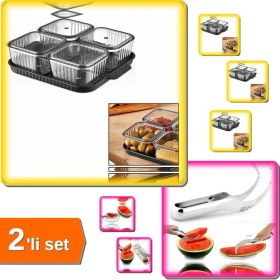 Resim Hereveoyuncak 4 Bölmeli Akrilik Pratik Sızdırmaz Kapaklı Tepsili Kahvaltılık + Karpuz Dilimleme Bıçağı - 2li Set 