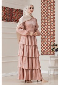 Resim Kat Detaylı Beli Kemerli Alina Tesettür Abiye-gül Kurusu-5747 Gülkurusu 