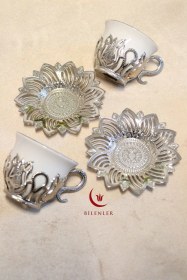 Resim 2 Li Gümüş Desenli Zemzem Takımı Ve Kahve Fincanı Seti Metal Tabağı Ve Fincan Altlığıyla Şık Sunum Beyaz 