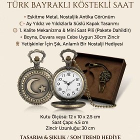 Resim Wolawood Türk Bayraklı Antika Görünümlü Köstekli Cep Saati Nostaljik ve Anlamlı Hediye Metal Tasarım Quartz Mekanizma Ay Yıldız Kabartmalı Vintage Hediyelik Saat 