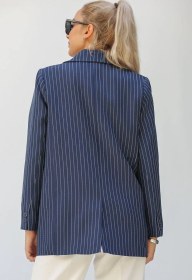 Resim Zara Markalı Orijinal Magaza Ürünü Lacivert Beyaz Çizgili Renk Kadın Blazer Ceket M093 