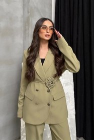 Resim buqre's moda Kadın İkili Blazer Ceket Pantolon Takım Aksesuar Gül ve Düğme Detaylı Bol Paça 