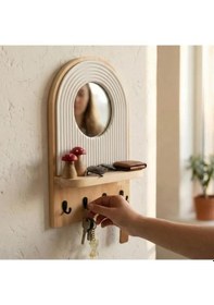 Resim Aynalı Ahşap Duvar Hol Anahtar Askısı, Minimalist Dekoratif Modern Anahtarlık Natürel 