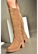Resim Fox Shoes R654047702 Taba Hakiki Deri Süet Kalın Topuklu Kadın Çizme Taba 