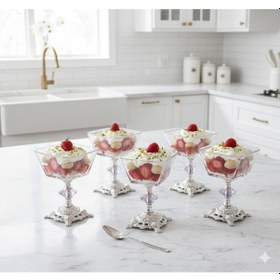 Resim Çnr Home Collection Kare 6 Parça Döküm Ayakli Sunum Seti Magnolia Dondurmalik Cup Çerezlik Gümüş 